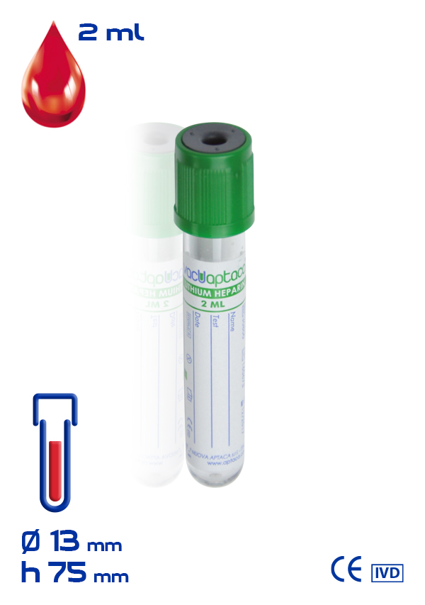 Вакуумна пробірка з літій гепарином з ПЕT, об. 2 ml (мл), діаметр 13 x 75 mm (мм), стерильна, зелена кришка та етикетка (100 шт/уп) (30800)